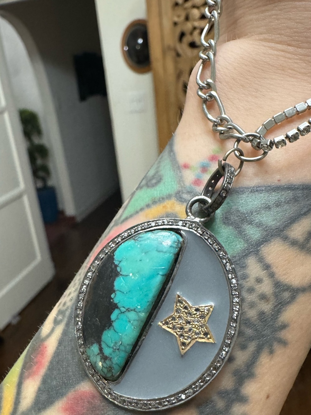 Vintage Turquoise Blue & Gold Micro Pave Diamond Star Pendant Necklace